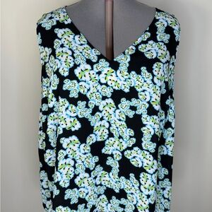 Kaari Blue Blouse Womens 3X Black Floral V Neck Sleeveless Plus Curvy Top